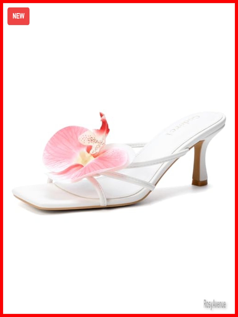 Square Toe Kitten Heel Mules With Floral Applique Slip On Heeled Sandals